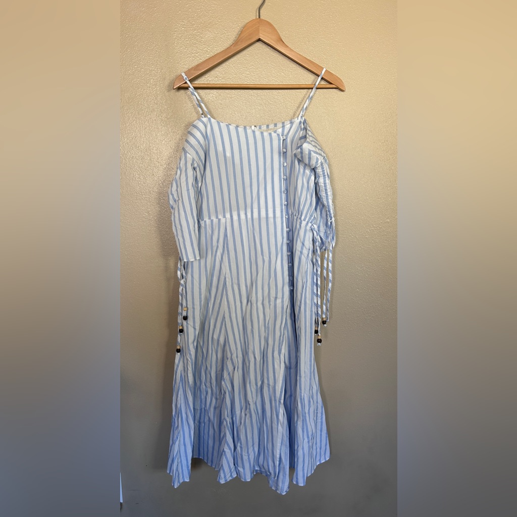Jonathan Simkhai Linen Blue White Stripe Off The Shoulder Midi Dress Size M Euc